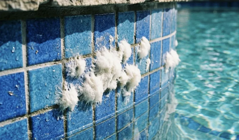 Algues blanches cotonneuses sur les parois d'une piscine — dépôts blanchâtres dans une zone ombragée