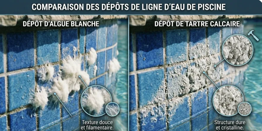 Comparaison algue blanche cotonneuse versus dépôt calcaire dur sur une paroi de piscine