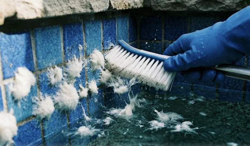 Brossage intensif des parois de piscine pour décoller les algues blanches avant traitement chimique