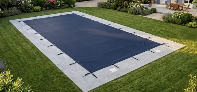 Piscine couverte d'une bâche de protection pour prévenir l'apparition d'algues blanches