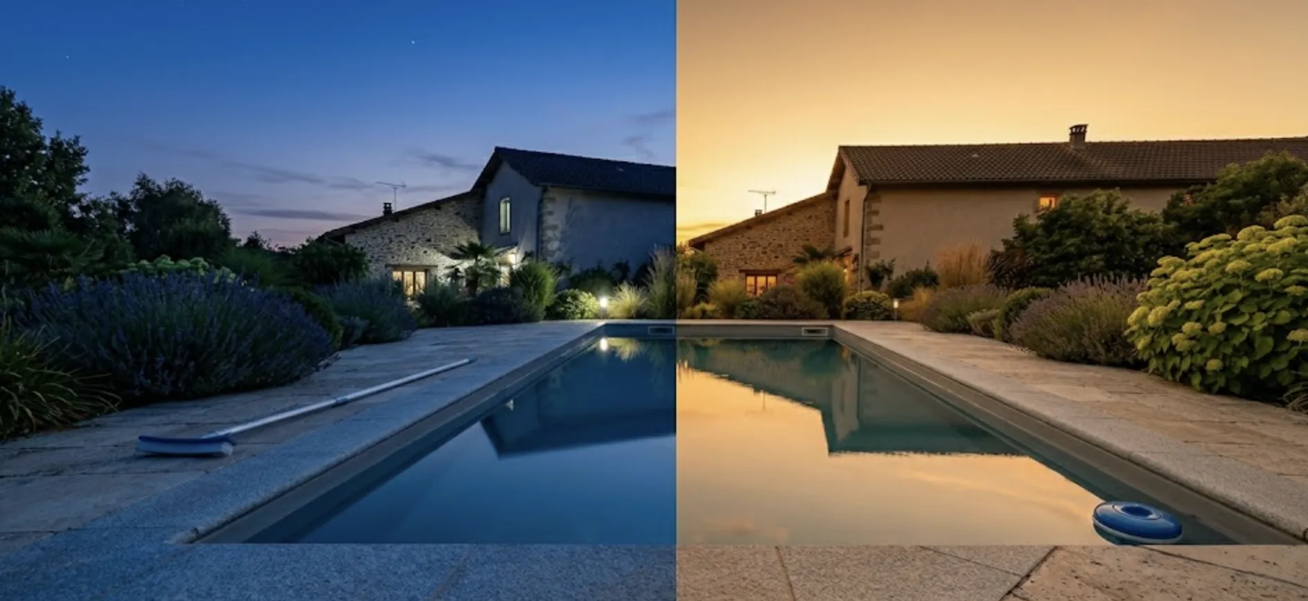 Traitement chlore choc piscine le soir au crépuscule — éviter les UV du soleil