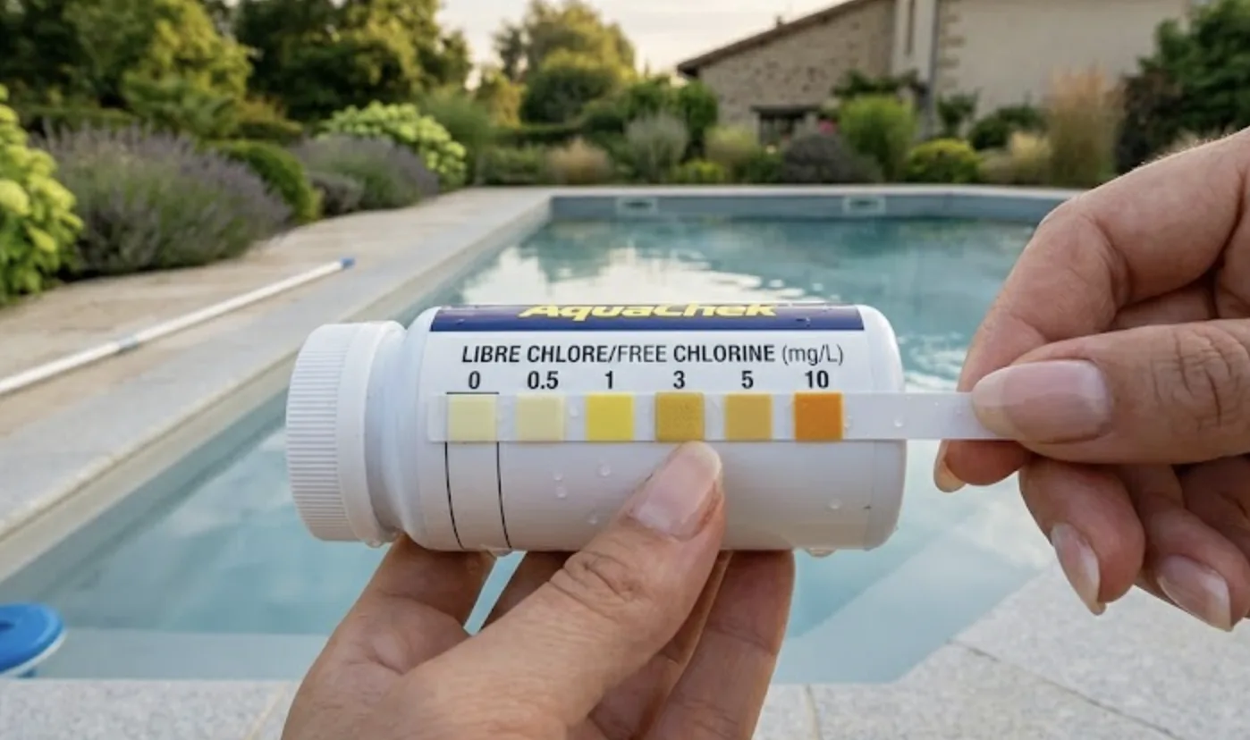 Main tenant une bandelette test de piscine avec l'échelle colorimétrique indiquant 1 à 3 mg/L