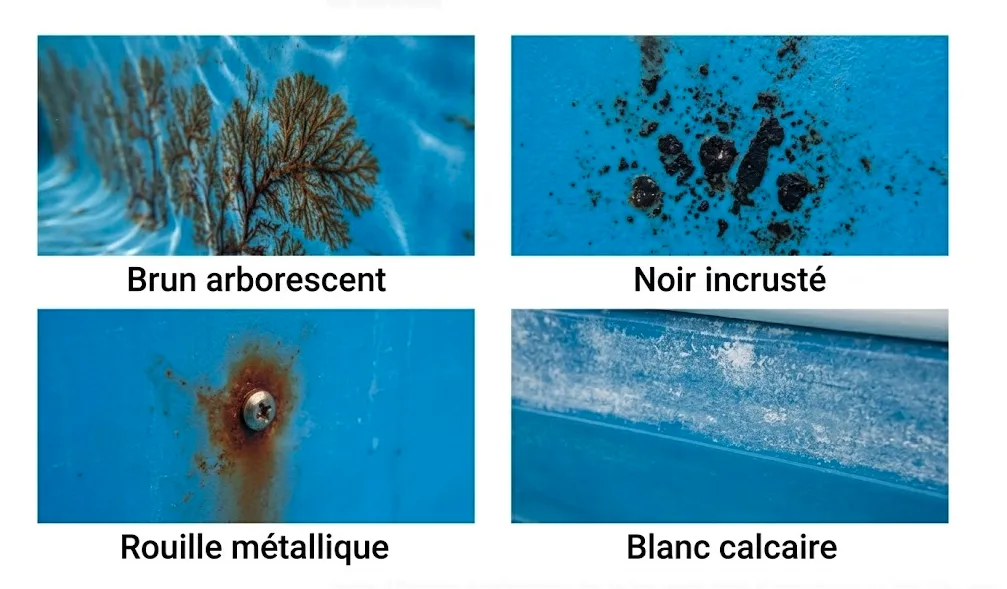 Planche comparative des types de taches sur liner de piscine : brun arborescent, noir incrusté, rouille métallique, blanc calcaire