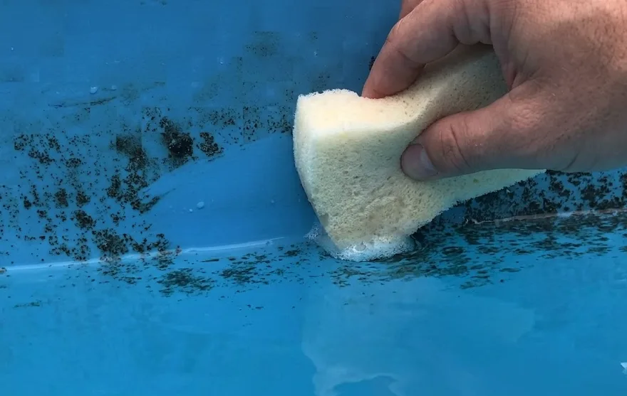 Éponge Sterine Liner humide frottant en mouvements circulaires la ligne d'eau d'un liner — traces noires en cours d'effacement